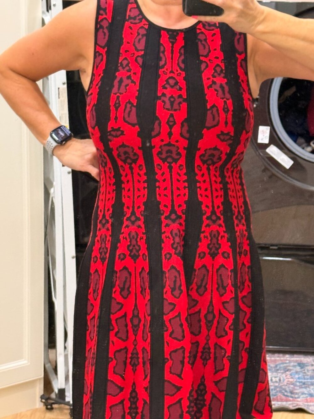 RVN Red & Black Jacquard Knit Fit & Flare Midi Dress Size M Made in USA